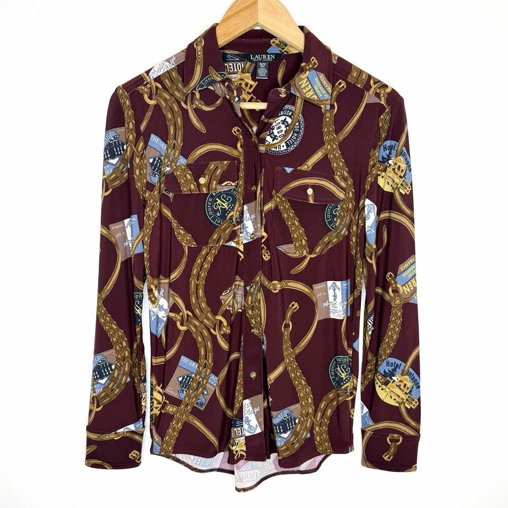 Ralph Lauren Belting Travel Print Slim Fit Jersey Button Top Womens XS Stretch